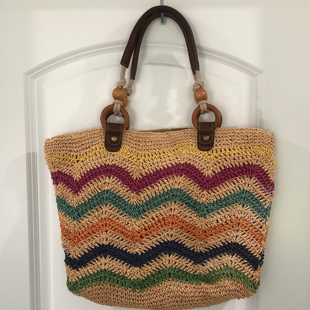 FOSSIL Long Live Vintage Woven Raffia Straw Canvas Leather Tote Shoulder Bag